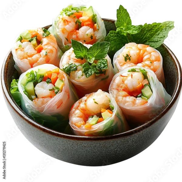 Fototapeta Shrimp and Vegetable Spring Rolls in Rice Paper Bowl Isolated on Transparent Background