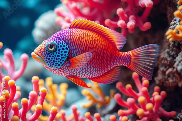 Fototapeta coral reef is a vibrant and bustling community of fish with a wide variety of species and schools creating a colorful and lively underwater neighborhood