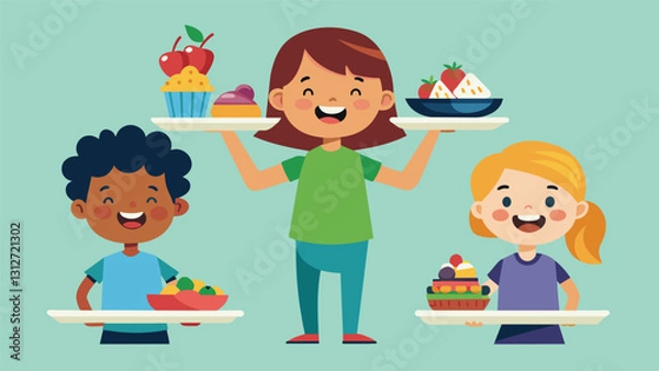 Fototapeta Smiling children balancing plates full of colorful snacks in their small hands carefully picking out each item to enjoy.. Vector illustration