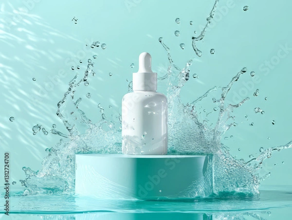 Obraz White cosmetic moisturizing serum bottle standing on blue podium. Water splashes are flying around the podium. Bold blue and green background. Minimalistic photo style. Cosmetic product mockup scene.