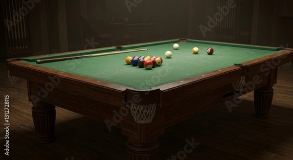 Fototapeta Classic Billiards Table Scene - A dimly lit billiard room features a classic wooden pool table with balls and cue stick, ready for a game