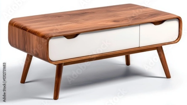 Fototapeta A stylish wooden coffee table with a smooth finish, featuring a white drawer and modern legs, perfect for contemporary living spaces.