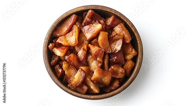 Fototapeta Slices of tasty fried bacon in bowl isolated on white, top view