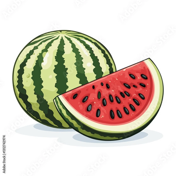 Fototapeta A ripe watermelon is whole and half slice A group of whole watermelons halves and slices melon summer fruit isolated on a white background