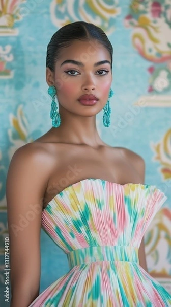 Obraz sophisticated woman in a strapless ikat-print dress featuring soft hues of blue, pink, and green, bridesmaid