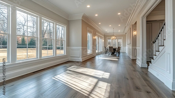 Obraz Spacious, sun-drenched dining room with large windows