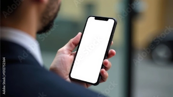 Fototapeta A man in a suit holds a smartphone with a blank white screen. Concept of: Mobile business. Smartphone Screen Mockup
