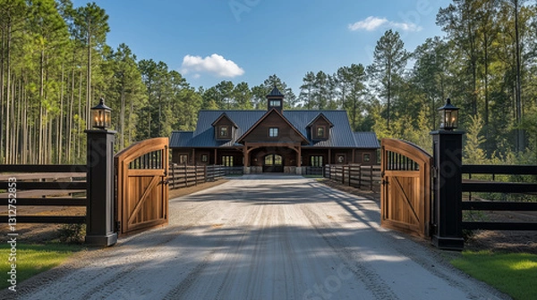 Obraz Luxury horse stable with wooden gate and scenic forest surroundings