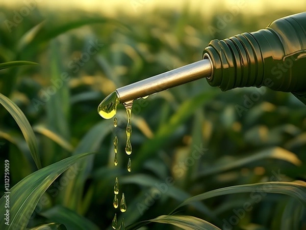 Obraz A fuel nozzle dripping liquid with a field of green plants