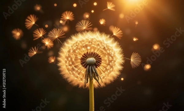 Fototapeta Dandelion in sunlight with seeds flying