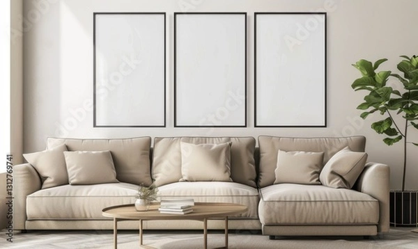 Obraz Minimalist living room with a beige sofa. three empty frames. a coffee table. and a potted plant