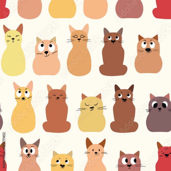 Fototapeta Seamless pattern with cute kitten print. Different scandy cats on color background. Scandinavian style illustration for kids. Vector illustration for fabric, textile, wallpaper, home clothing, pajama.