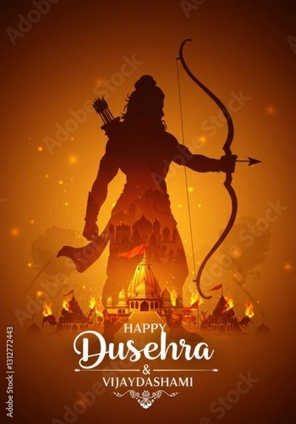 Fototapeta Poster For Happy Dusshera , realistic happy dussehra celebration wishing or greeting card and post and banner design vector file
