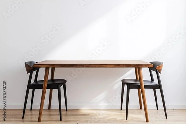 Fototapeta A simple wooden dining table accompanied by two minimalist chairs in a clean, modern space