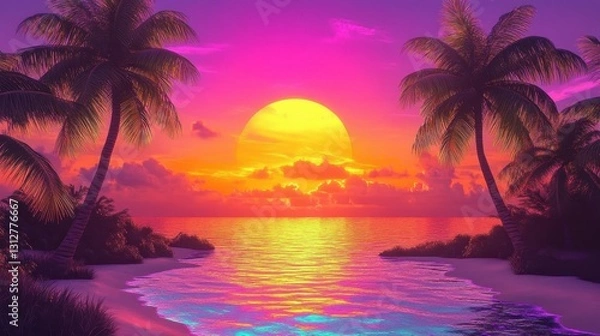 Fototapeta Neon Orange, Yellow, Purple, and Blue Sky Over Sunset