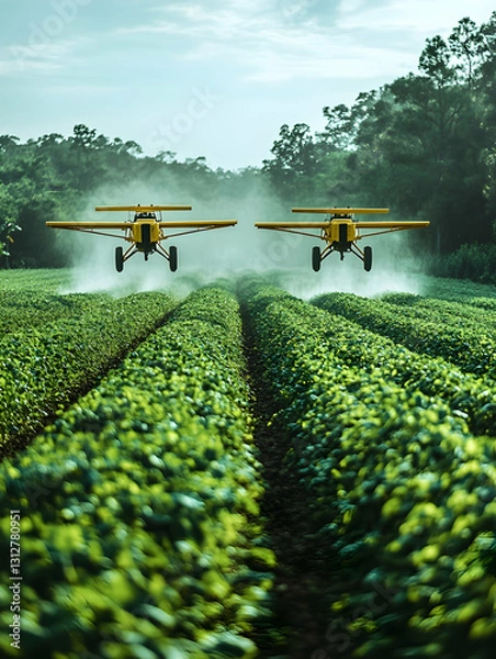 Fototapeta Two planes spray crops in a field