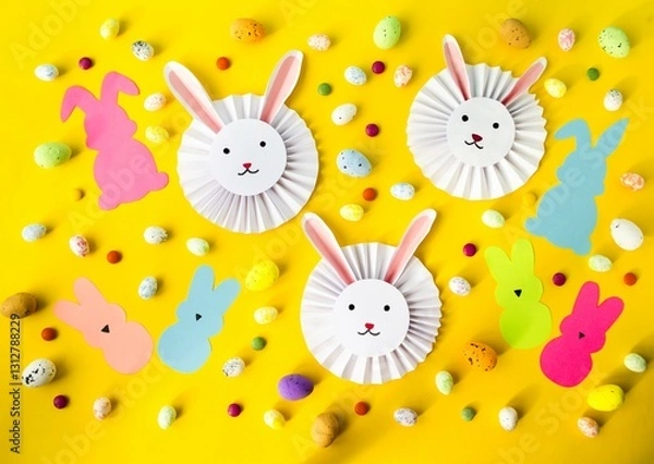 Obraz Spring, Easter holiday, on a yellow background are cute, funny Easter paper bunnies, colored candies and bright Easter eggs. Flat lay, top view. The concept of children's creativity, handmade