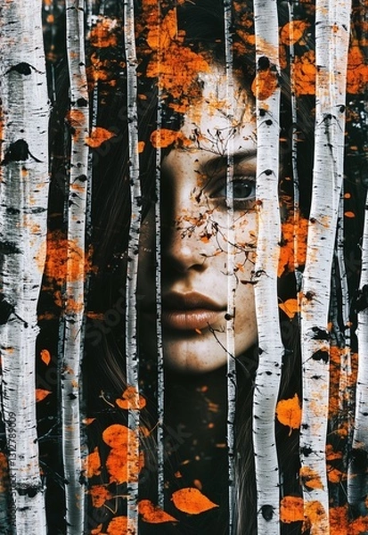 Fototapeta A double exposure of a woman's face among a tree - concept of the spirit of the forest. 
