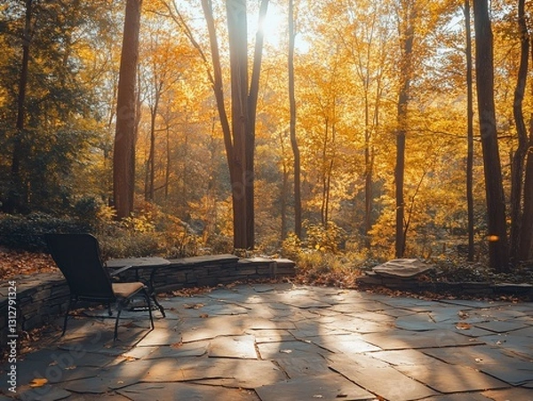 Fototapeta Serene autumnal patio scene with sunlit foliage and stone patio.