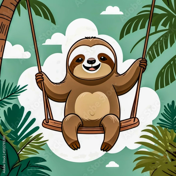 Fototapeta Sloth Swinging on a Swing – Doodle-Style Illustration - a sloth lazily swinging on a wooden swing, enjoying the breeze in a tropical jungle. 