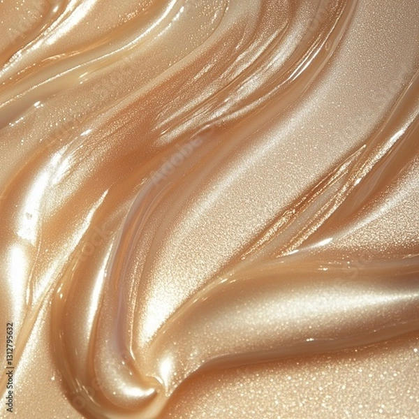 Fototapeta A soft-focus, pearlescent liquid highlighter swatch with a luminous champagne tone. The smooth, flowing texture enhances its radiant glow, reflecting light with a dewy, silky finish