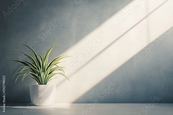 Fototapeta A small plant in a white pot sits on a surface against a grey wall with sunlight streaming in.