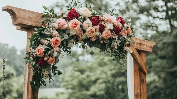 Obraz A boho rustic wedding ceremony arch adorned with lush flowers and greenery, creating a romantic and natural backdrop.