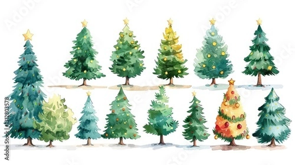 Fototapeta A collection of watercolor Christmas trees in various styles and colors, perfect for festive designs.