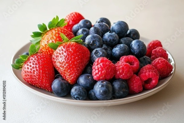 Fototapeta Vibrant mix of strawberries, blueberries, and raspberries displayed on a neutral plate inviting healthy snacking options