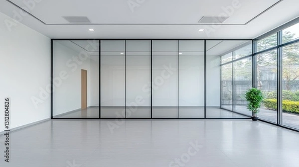 Fototapeta Modern Office Interior Design: Empty Room with Glass Partition and Large Windows