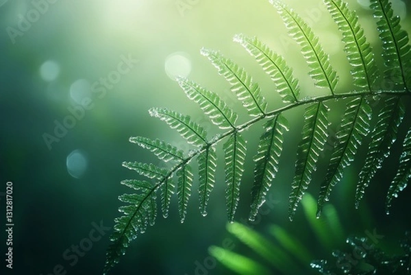 Fototapeta Dew-kissed fern frond in sunlight, lush green forest bokeh background.
