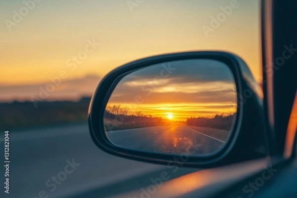 Fototapeta Sunset Reflected in a Car's Side Mirror on an Open Road