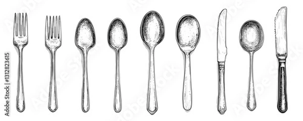 Fototapeta Flat linear icons set of vintage cutlery - forks and spoons vector.