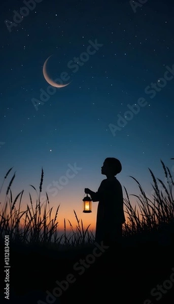 Fototapeta Silhouette of a Child Holding a Lantern at Dusk with Crescent Moon and Stars – Eid Mubarak Background