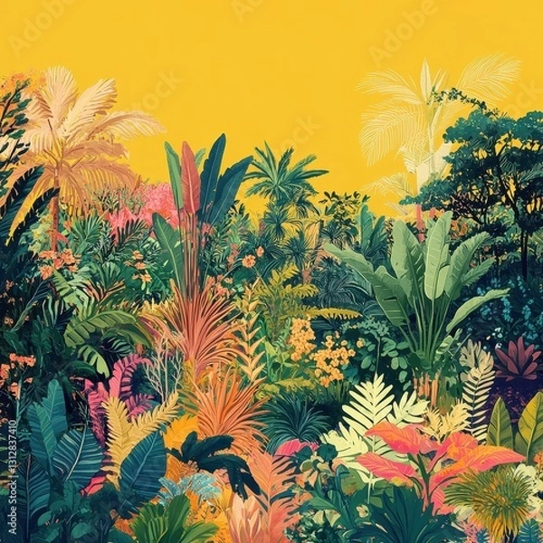 Fototapeta A vibrant tropical jungle scene with diverse colorful foliage and flowers