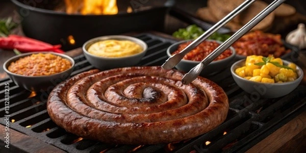 Fototapeta Savory spiral sausage being grilled with an array of sauces and garnishes at a rustic barbecue setup