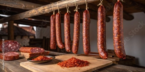 Fototapeta Sausages hanging from a wooden beam in a rustic marketplace during a sunny afternoon