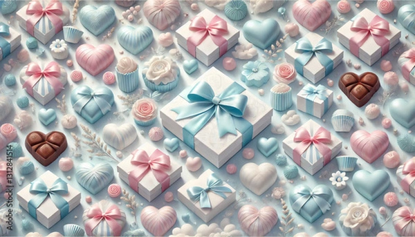 Obraz バレンタインギフトの夢 – 可愛らしいパステルカラーのプレゼントとスイーツ