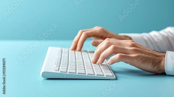 Fototapeta Data Entry Operator Hands typing on a modern white keyboard.