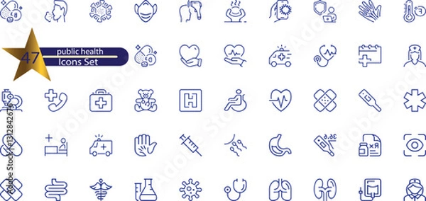 Obraz icons related to public health. Linear icon collection.