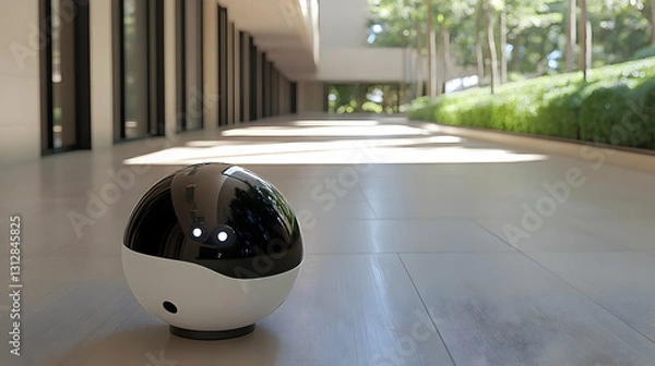 Fototapeta Black and White Sphere Robot in Modern Building Hallway