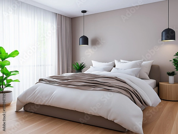 Fototapeta Modern bedroom featuring cozy bed, stylish decor, and plants, bathed in natural light for a serene atmosphere