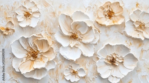 Obraz An oil-textured 3D painting of spring flowers on canvas features beautiful abstract white and beige blooms.