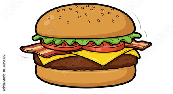 Fototapeta sticker adesivo cheeseburger com carne, queijo derretido, tomate e pão de gergelim