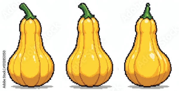 Fototapeta 8-Bit Pixel Yellow Squash – Retro Pixel Art – Three Perspectives with Pixel Highlights – Isolated on White Background – Classic Pixel Food Illustration