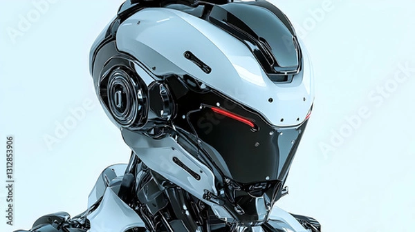 Fototapeta Close Up of a Futuristic Robot Head with Red Lights