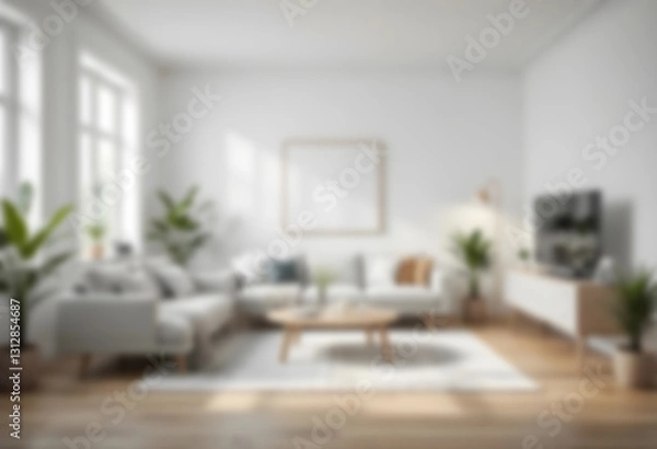 Fototapeta Blurred modern Scandinavian living room with a cozy sofa, mid-century furniture, wooden floor, white walls, and home plants. Soft, minimalist, and warm ambiance.