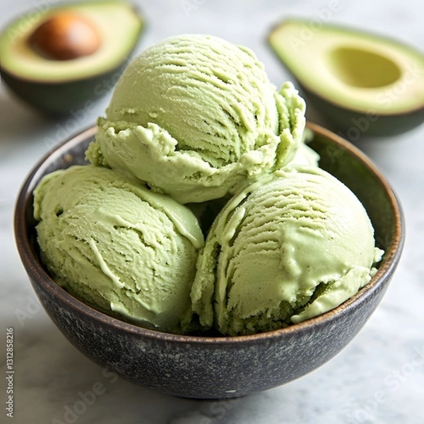 Fototapeta Creamy Avocado Ice Cream: A close-up shot of a bowl filled with scoops of creamy, vibrant green avocado ice cream, alongside fresh avocado halves, inviting a moment of pure indulgence.