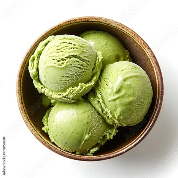 Fototapeta Green Tea Ice Cream Delight: A close-up shot of four generous scoops of refreshing green tea ice cream nestled in a rustic wooden bowl, inviting you to indulge in its cool.