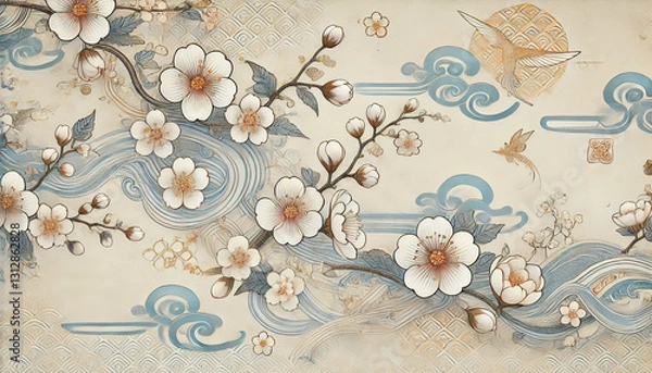 Fototapeta 和風アート – 桜と青い波模様の調和